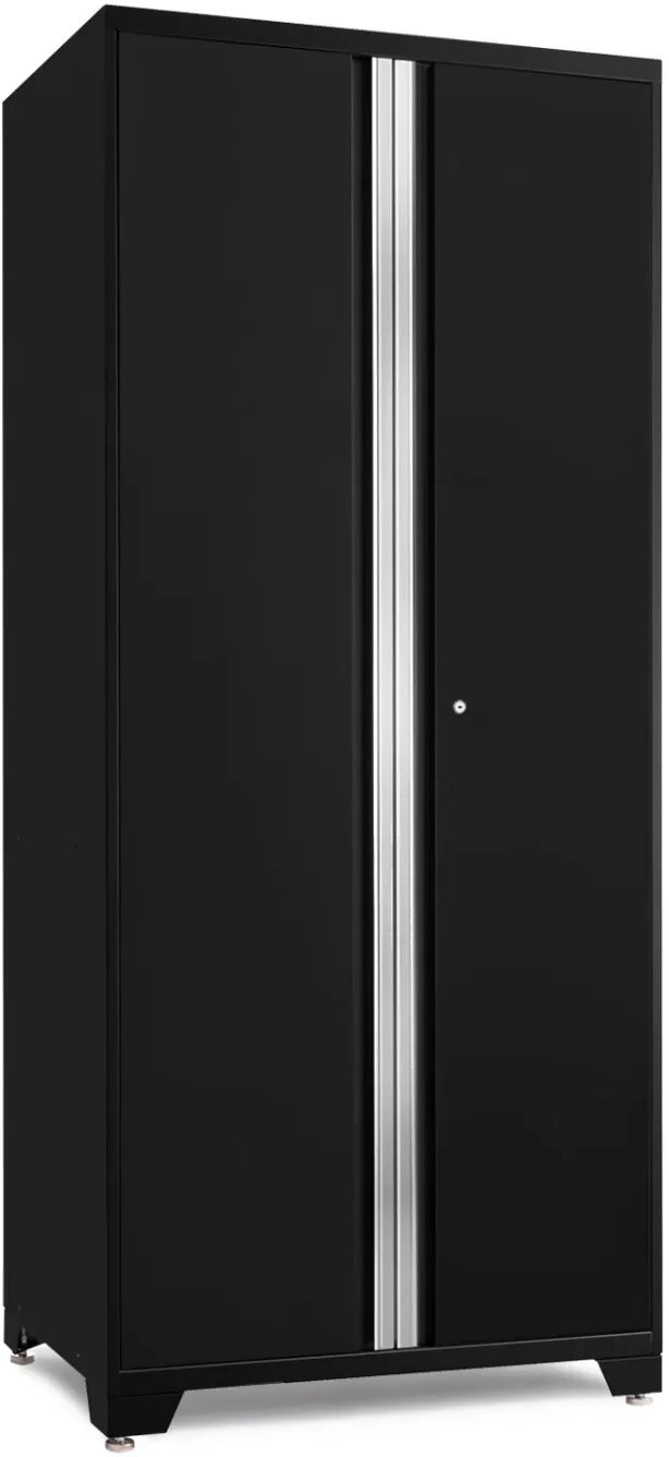 black steel cabinet with two doors that can be securely locked