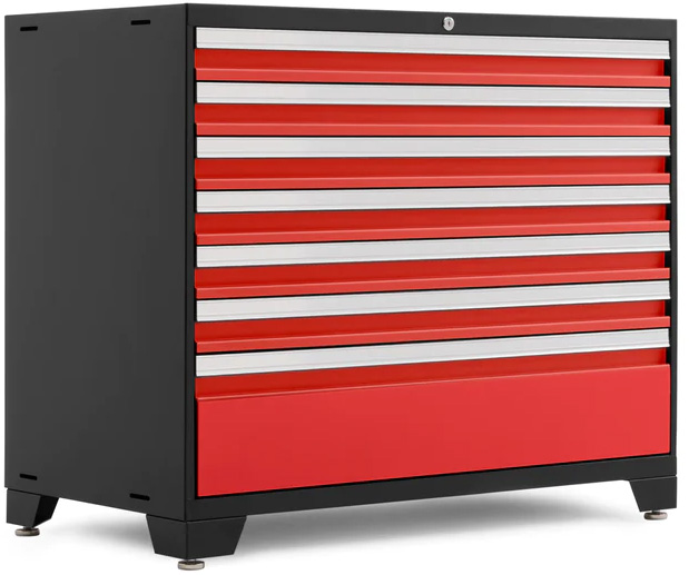 red steel cabinet with seven drawers, ideal for storing tools