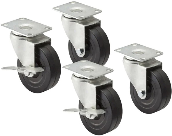 four caster wheels in steel brackets predrilled for mounting