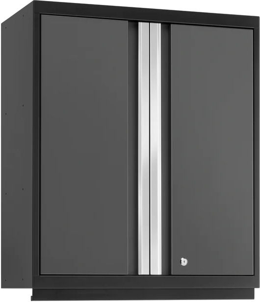 gray steel cabinet with two doors