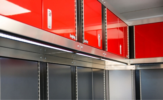 high quality steel upper cabinets in red finish from Hayley Cabinets