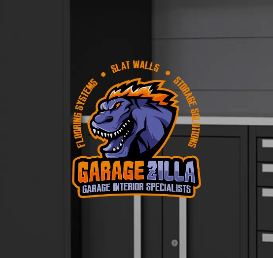 GarageZilla logo overlaying a combo of slatwall and cabinetry