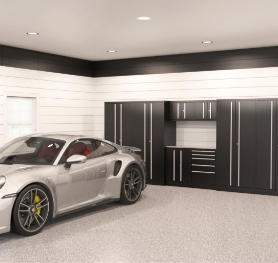 silver sports car parked on a polyaspartic floor in front of a slat wall and custom cabinetry