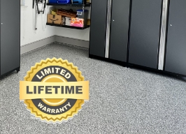 background: newly installed polyaspartic floor; foreground: gold seal with Lifetime Limited Warantee text