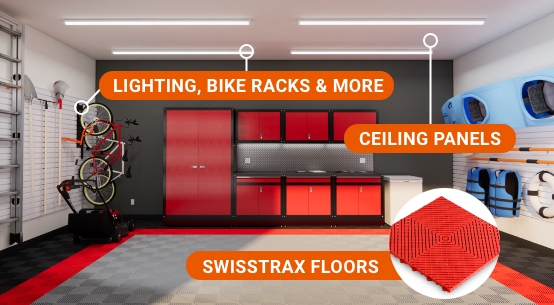 garage renovation image calling out new lighting, bike racks, ceiling panels, and Swisstrax Garage Tile flooring