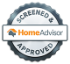 round badge with Home Advisor logo and text: Home Advisor Screened & Approved
