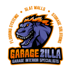large Garagezilla illustrated character with text: Flooring Systems, Slat Walls, Storage Solutions - GarageZilla Garage Interior Specialists